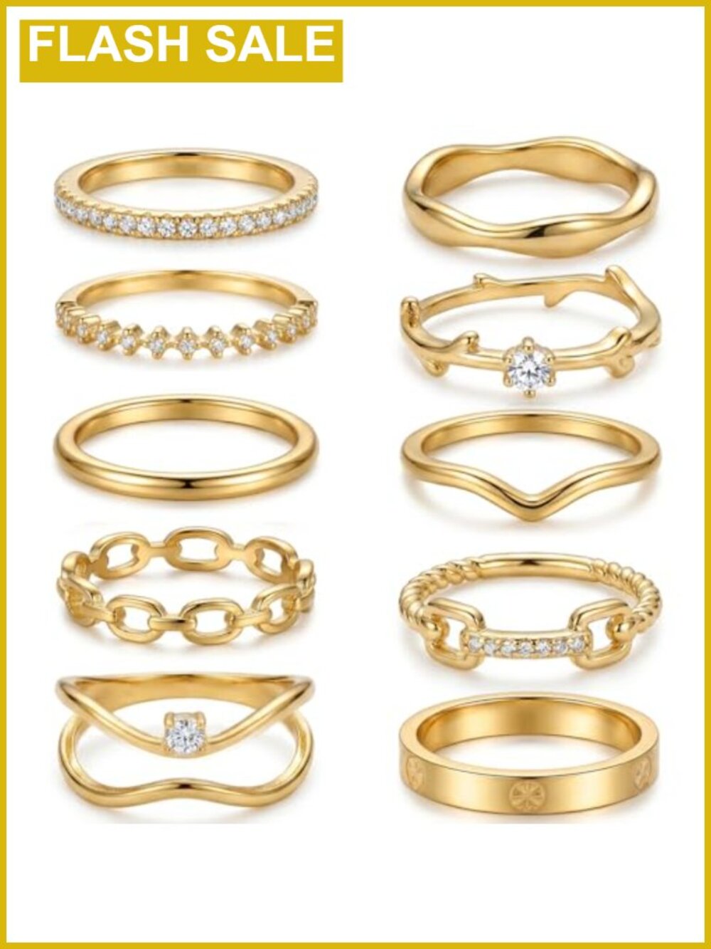 14K Gold Plated Stacking Ring Set - 10 Piece CZ Rings for Women